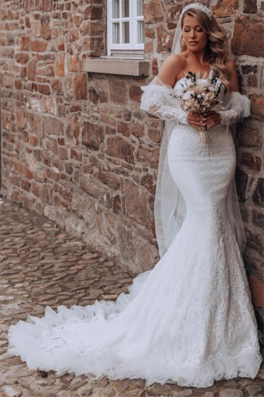 Bubble Sleeve Sweetheart Mermaid Wedding Dress with Lace BM bride