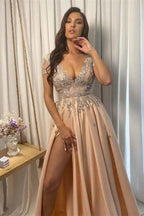 Champagne Lace V Neck Appliques With High Split Long Prom Dress