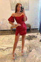 Sparkly Navy Corset Detachable Short Sleeves Tight Short Homecoming Dress with Lace