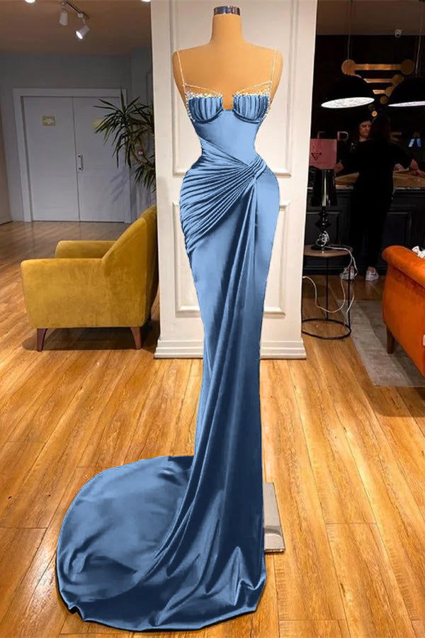 Mermaid Dark Green Spaghetti Strap Sleeveless Long Prom Dress With Beadings BMBRIDE