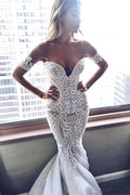 Off-the-Shoulder V-Neck Long Mermaid Wedding Dress with Lace Appliques BM bride