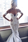 Off-the-Shoulder V-Neck Long Mermaid Wedding Dress with Lace Appliques BM bride