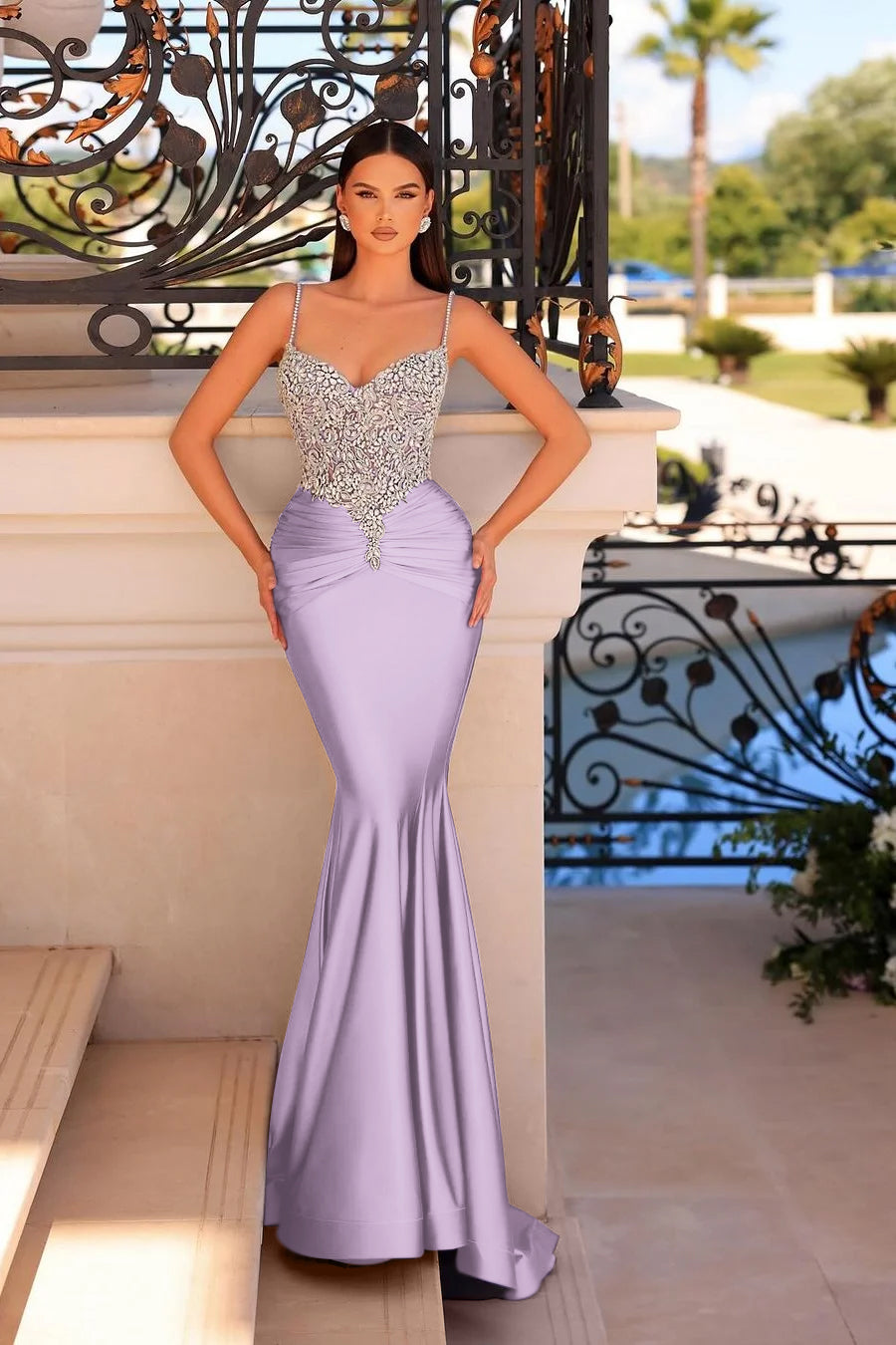 Straps Sleeveless Beading Mermaid Long Prom Dress With Pleated