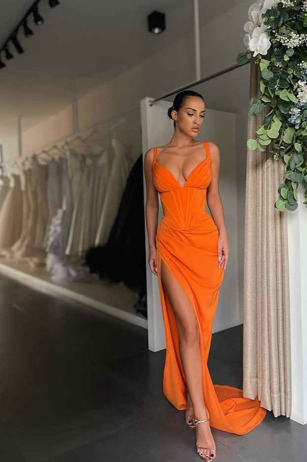 Modern Spaghetti Strap V Neck High Split Prom Dress Sleeveless With Pleated