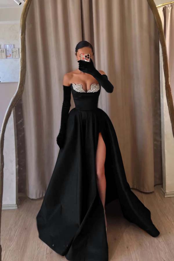 Strapless Sleeveless Long Split Prom Dress With Beading Long Gloves BMBRIDE