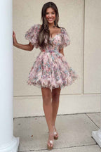 Purple Floral Off the Shoulder A-Line Short Homecoming Dress Bmbride