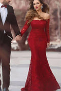 Burgundy Long Sleeves Mermaid Evening Dress BM bride