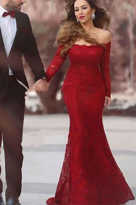 Burgundy Off the Shoulder Long Sleeves Long Mermaid Prom Dress