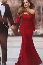 Burgundy Off the Shoulder Long Sleeves Long Mermaid Prom Dress