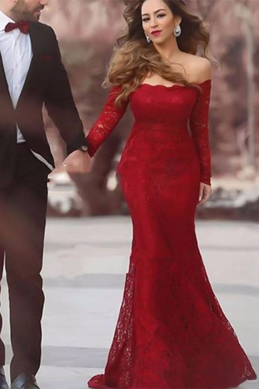 Burgundy Long Sleeve Mermaid Evening Dress BM bride