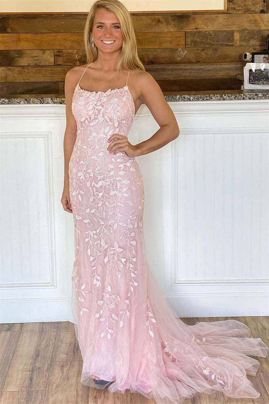 Tulle Mermaid Prom Dress Spaghetti Strap Open Back With Appliques