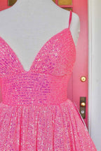 A Line V Neck Prom Dress Spaghetti Strap Sparkle With Appliques