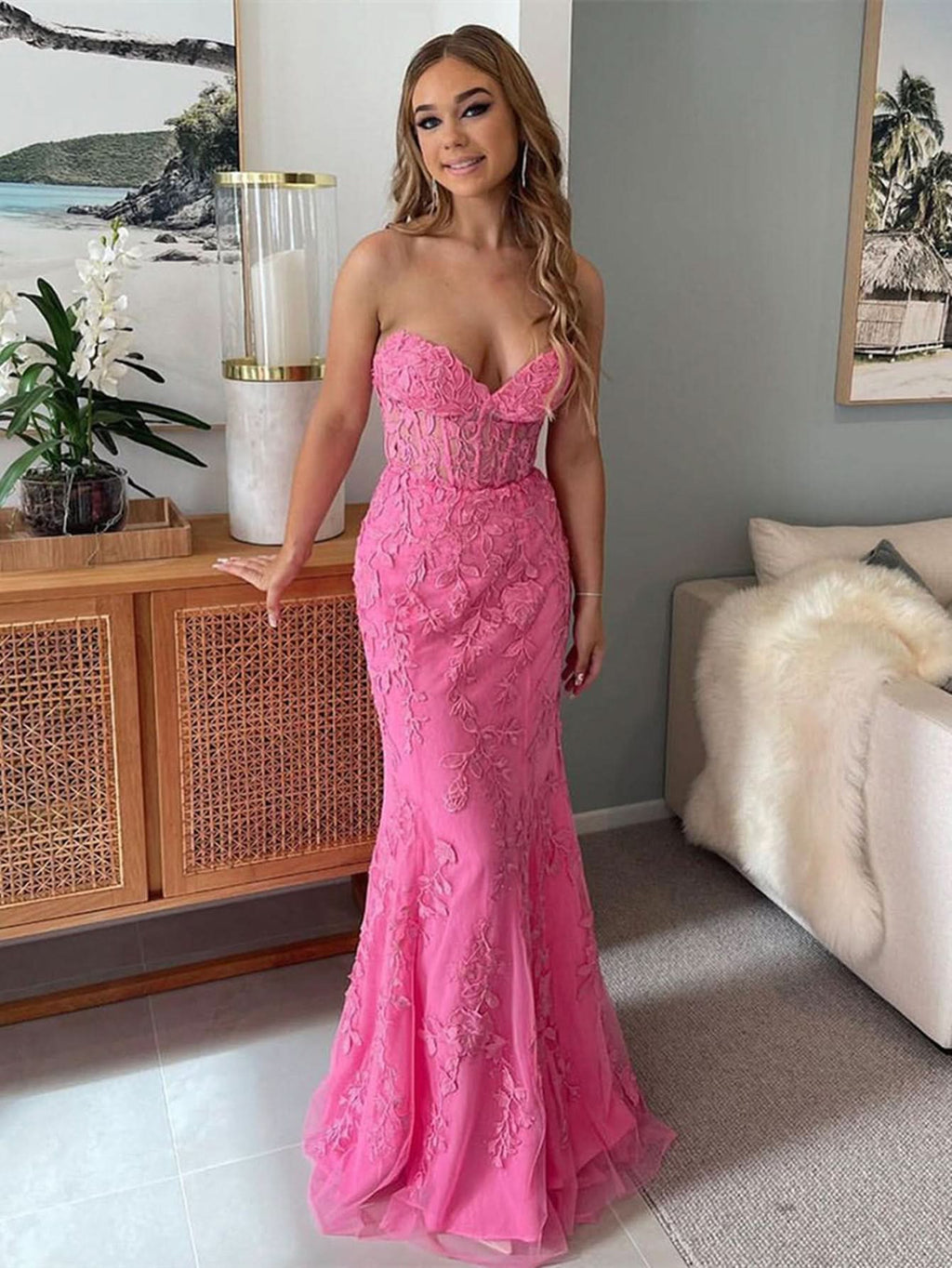 Glamorous Mermaid Strapless Lace Prom Dress with Appliques BM bride