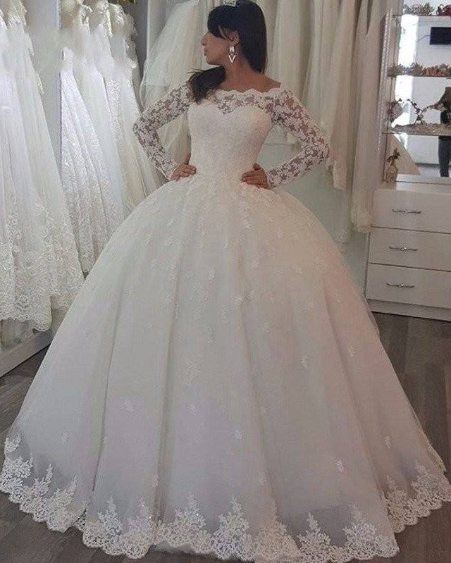 Elegant Off-the-Shoulder Long Sleeve Wedding Dress with Lace Appliques BM bride