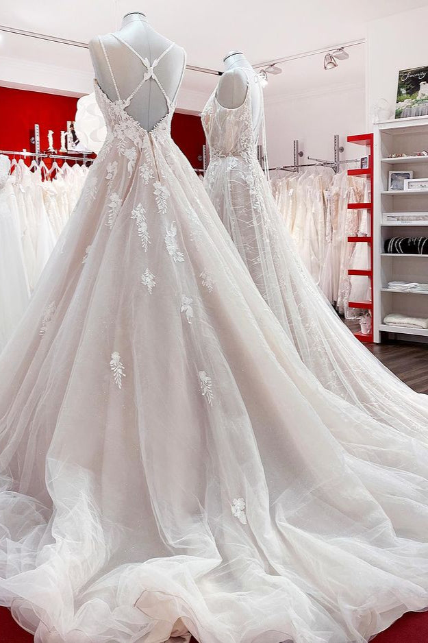 Long A-line V-neck Backless Wedding Dress With Ruffles BM bride