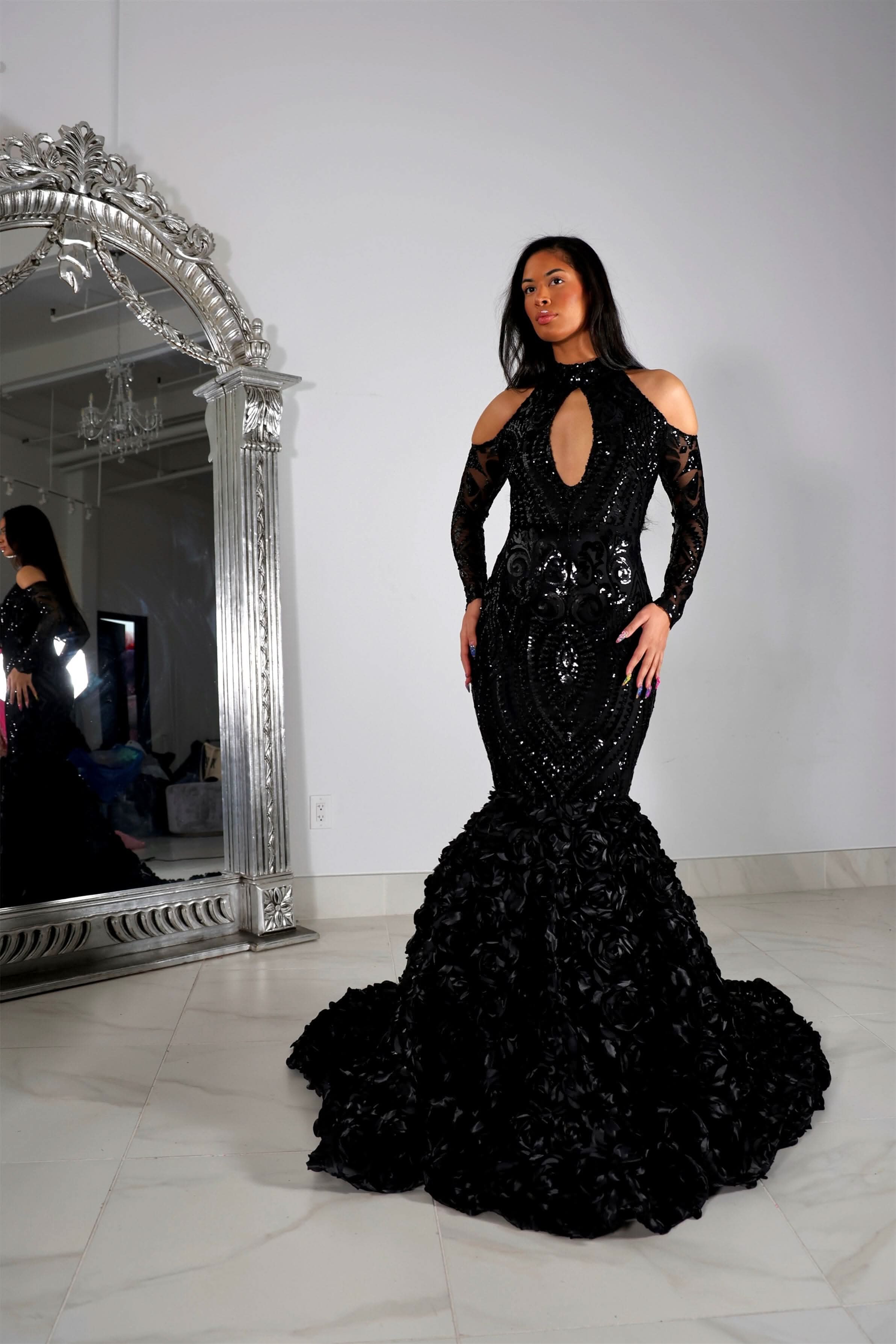 Black Half-Sleeve Halter Mermaid Prom Dress with Floral Appliques BM bride