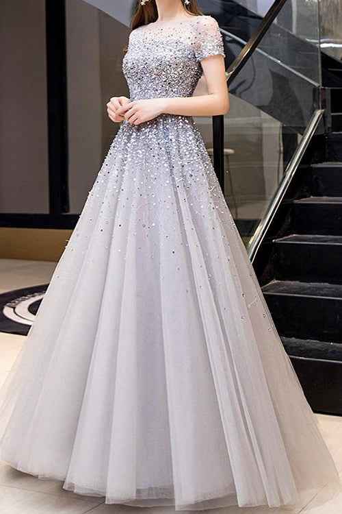 Gorgeous Tulle Long Prom Dress With Short Sleeves Sequins Online