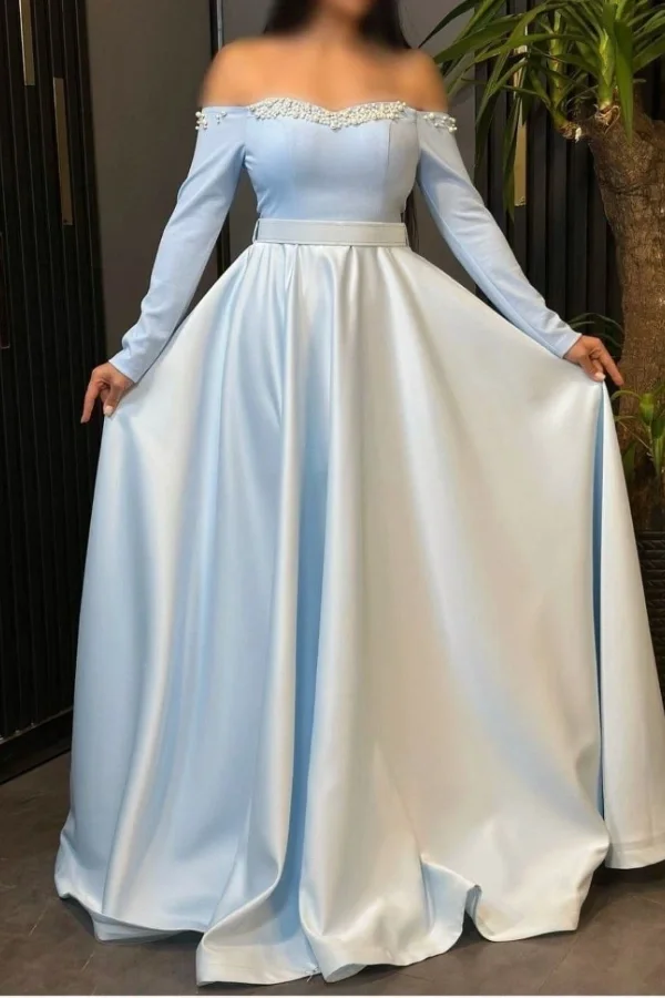 Off the Shoulder Long Sleeves Long Prom Dress With Pleated Beading BMBRIDE
