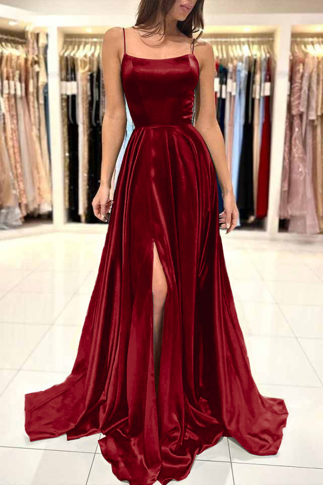 Spaghetti Strap Split Simple Long Prom Dress Green A Line BMBRIDE