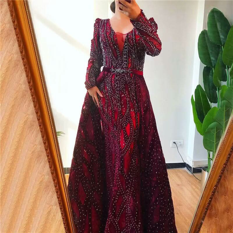 Luxury Sequin Beaded Long Sleeve A-Line Prom Dress BM bride
