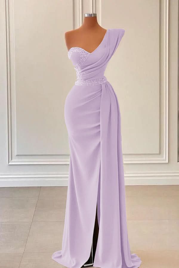 Sage One-Shoulder Mermaid Prom Dress with Beadings and Split BM bride
