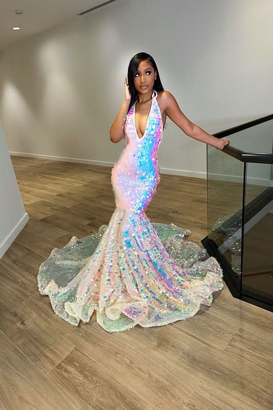 Sequins Halter V Neck Mermaid Evening Dress with Tulle BM bride