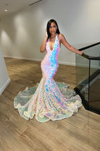 Sequins Halter V Neck Mermaid Evening Dress with Tulle BM bride