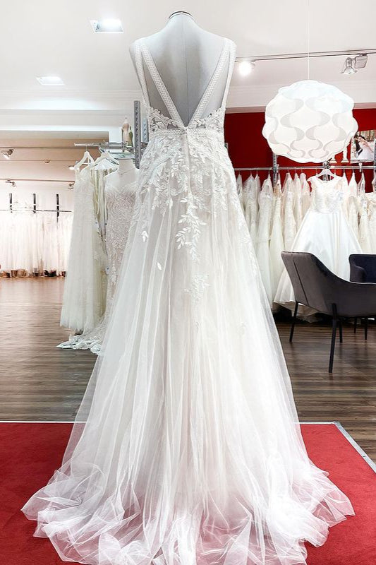 Sleeveless Long A-Line Tulle Open Back Wedding Dress with Lace Appliques BM bride