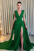 Green Deep V Neck Sleeveless Straps Prom Dress Split With Pleated