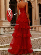 Red Tiered Tulle Strapless Lace Bodice A-Line Long Prom Dress