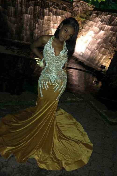 Yellow Halter Neck Mermaid Prom Dress Waist Skimming With Appliques