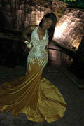 Yellow Halter Neck Mermaid Prom Dress Waist Skimming With Appliques