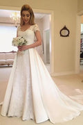 A-Line Satin Brush Train Wedding Dress Long Sleeves BM bride
