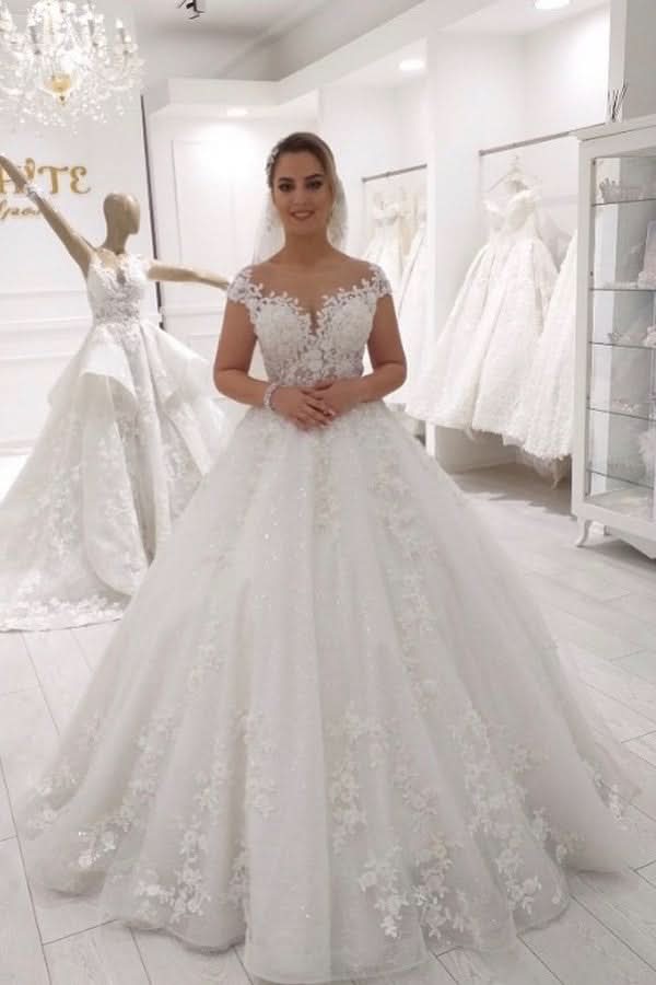 A-Line Sleeveless Wedding Dress Ruffles Tulle Floor-length With Appliques Lace BM bride