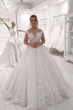 A-Line Sleeveless Wedding Dress Ruffles Tulle Floor-length With Appliques Lace BM bride