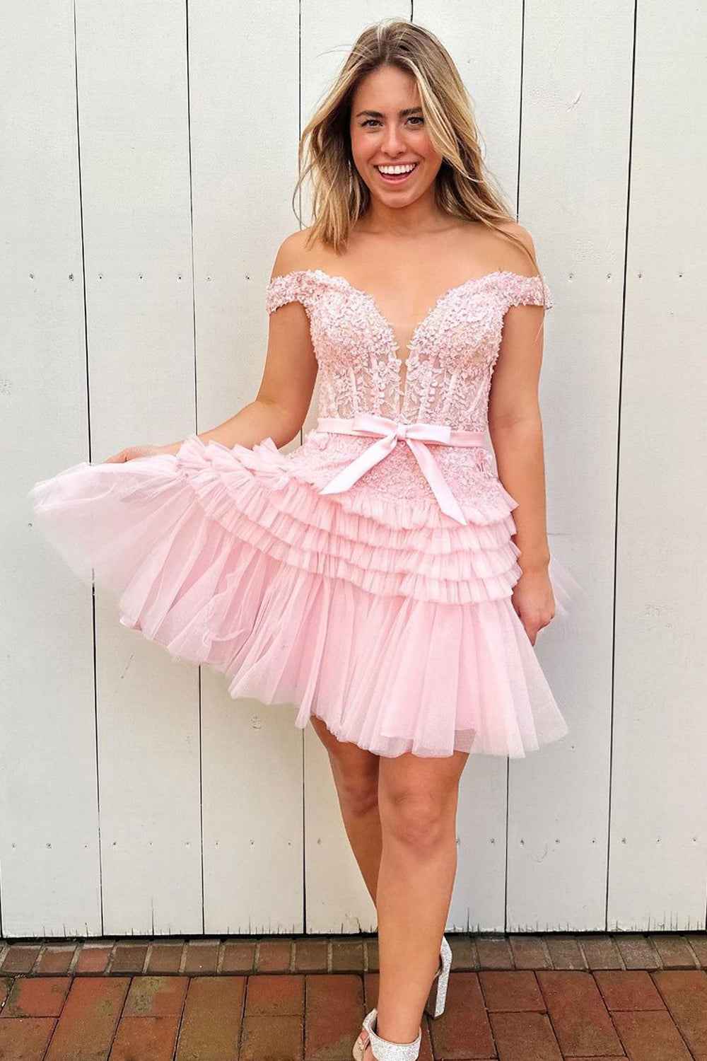 Sparkly Fuchsia Tiered A-Line Tulle Short Homecoming Dress with Lace Bmbride