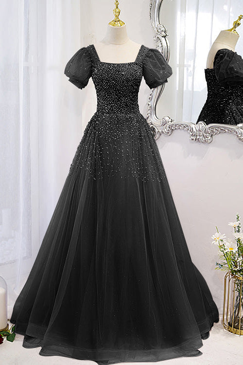 Chic Lace Up Prom Dress Beadings A Line Short Sleeves With Square Online BMBRIDE