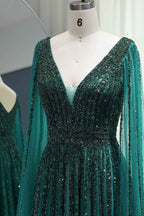 Emerald V Neck A Line Prom Dress Cap Sleeves Tulle With Beaded Appliques