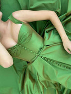 Green Spaghetti Strap Sleeveless A Line Long Buttons Prom Dress With Split