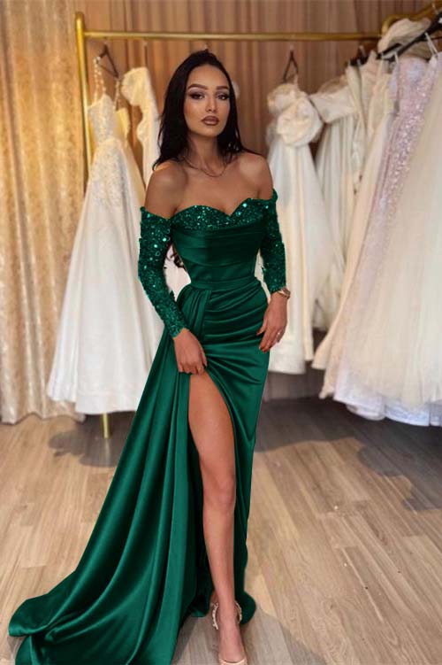 Off the Shoulder Long Sleeves Long Mermaid Prom Dress With Pleated BMBRIDE