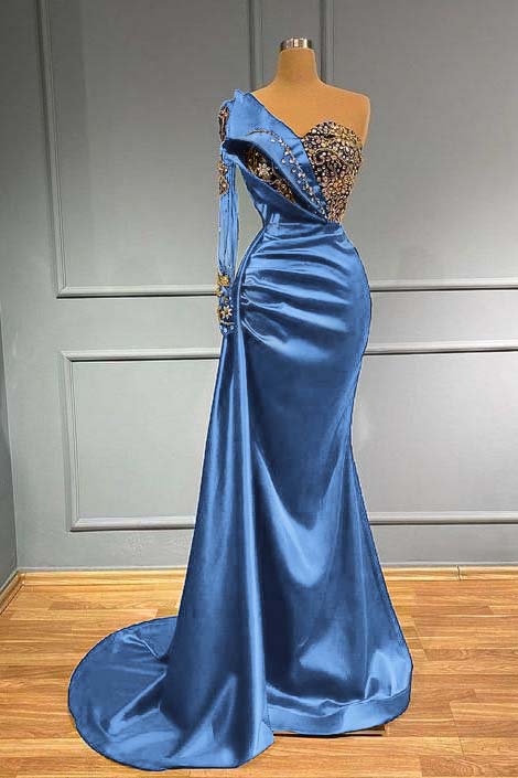 Dark Blue Long Sleeve One Shoulder Pleated Mermaid Prom Dress With Beadings BMBRIDE