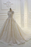 Bateau Long Sleeve Beaded Ball Gown Wedding Dress with Lace Appliques BM bride