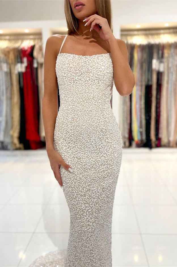 Sequins Mermaid Strapless Spaghetti Strap Long Prom Dress With Open Back