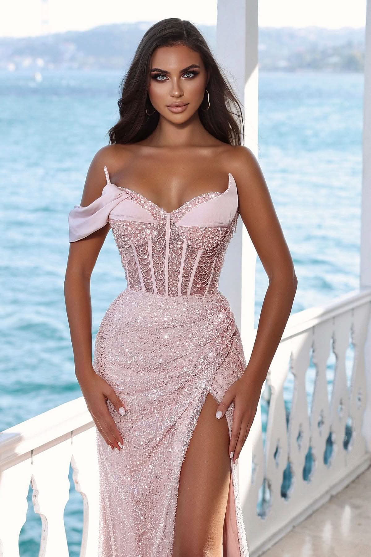 Stunning Pink One Shoulder Mermaid Prom Dress with Sequins Split BM bride