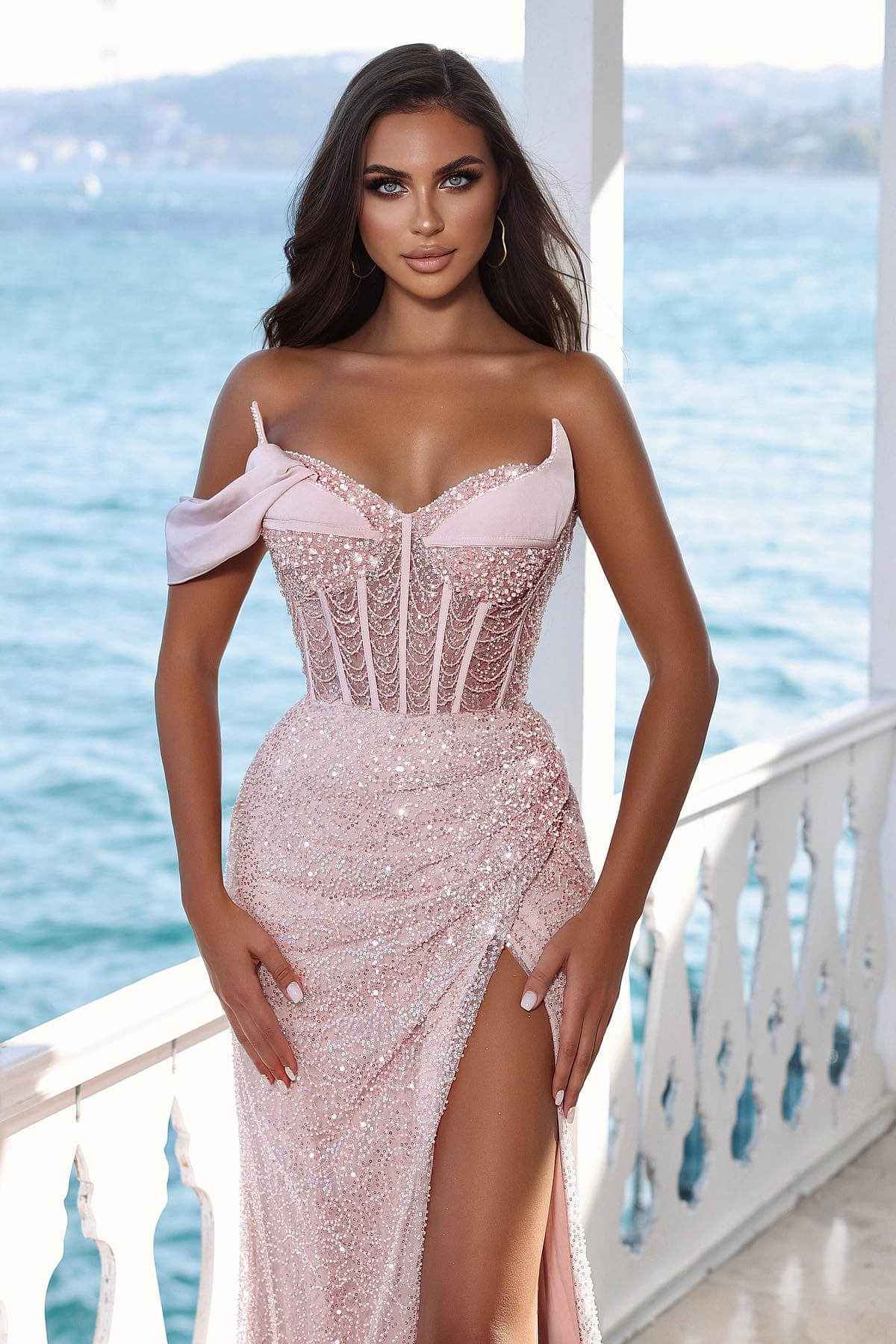 Glamorous Pink One Shoulder Mermaid Prom Dress Split With Sequins