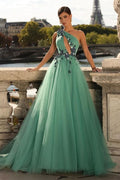 One-Shoulder Green A-Line Prom Dress with V-Neck and Pleats BM bride