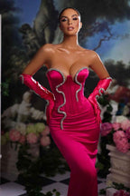 Fuchsia Prom Dress Mermaid Half Sleeves Strapless Gown With Gloves
