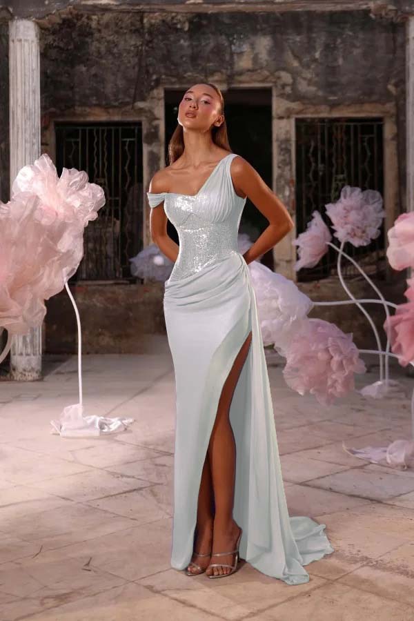 Sleeveless One Shoulder Long Split Prom Dress With Pleated Sequin BMBRIDE