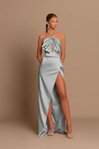Pink Chic Evening Dress Sleeveless Strapless with Side Slit Pleats BM bride