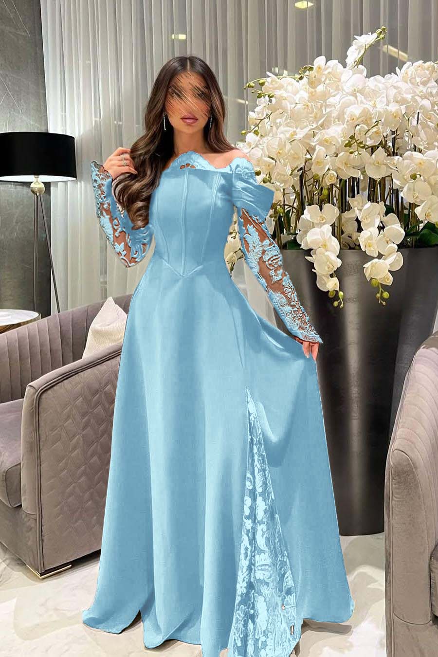 White Off the Shoulder Long Sleeves Long Prom Dress With Appliques BMBRIDE